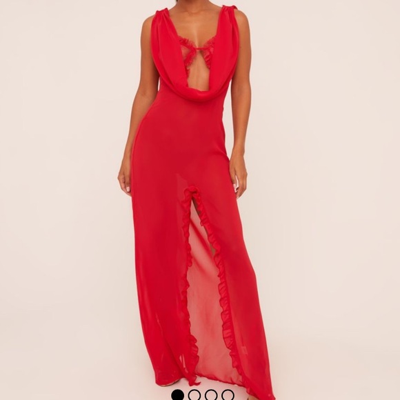 COWL NECK LACE BUST DETAIL SPLIT MAXI DRESS IN RED SOFT WOVEN- Size 2-Brand New - Picture 3 of 5